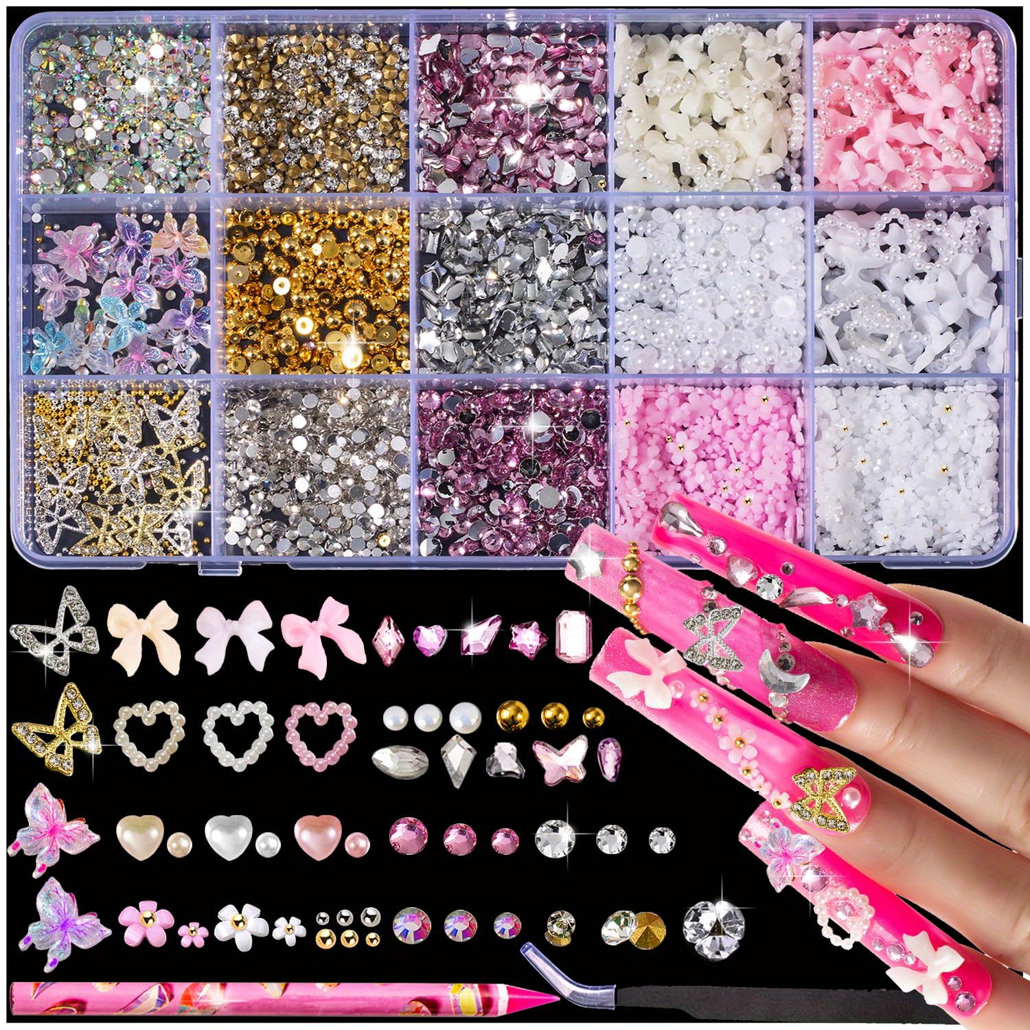 TEMU 10000pcs Nail Charms And Gems: Pink Cute Bow Heart 3d Flower Charms For Junk Cases Kit; Golden Chunky Charms For Nails Design, Small Rhinestones For Nails; Beads For Nails Art