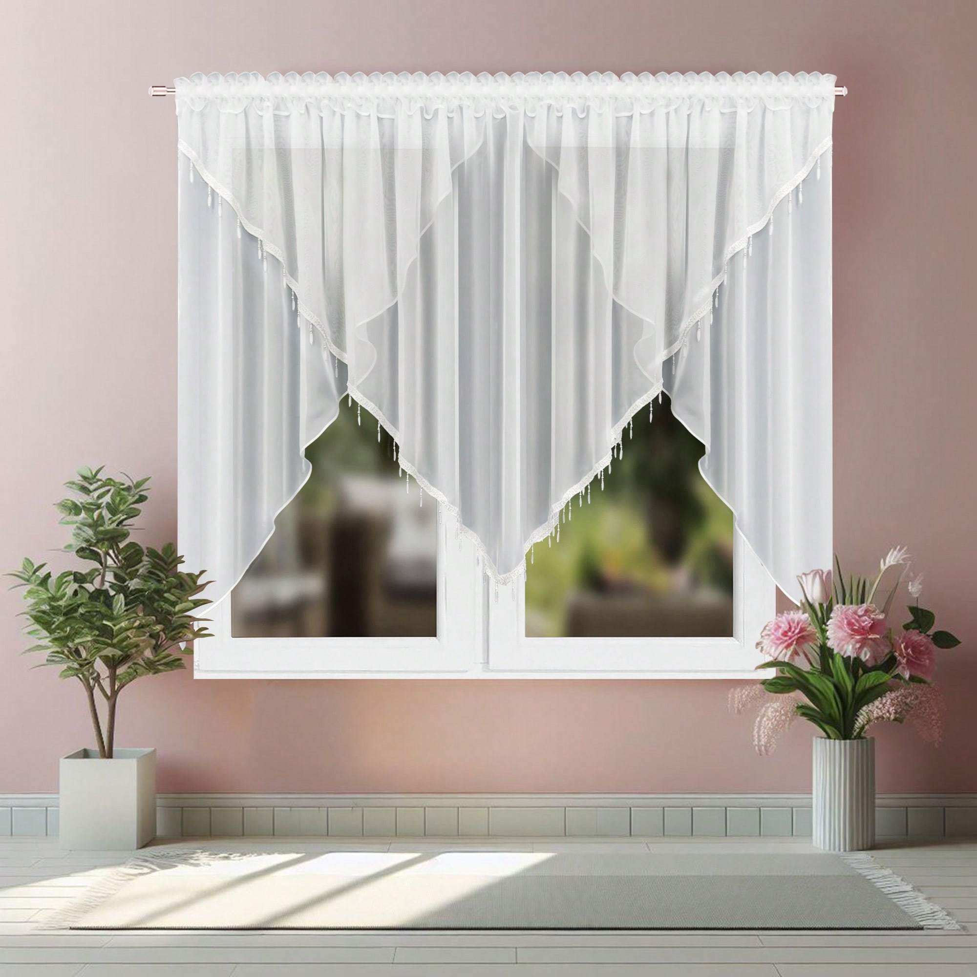 Image of 1pc Elegant Light-filtering Curtain 400x155cm - 100% Polyester Semi-translucent Rod Pocket With Exquisite Bead Design, Lightweight Smooth Fabric For Living Room & Bedroom