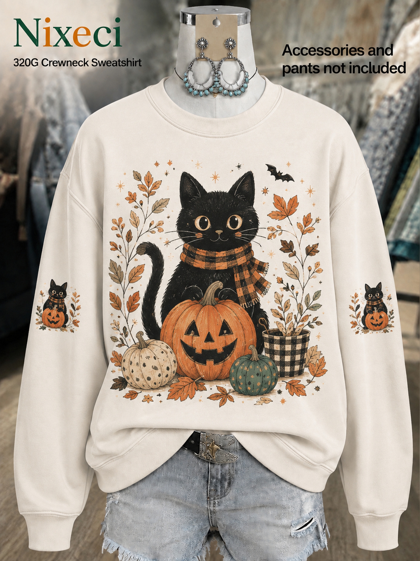 item picture   womens sweatshirt black cat with pumpkins vintage autumn illustration single sided   matching outfit weekend and travel wear gift idea for   relaxed streetwear look for halloween and thanksgiving