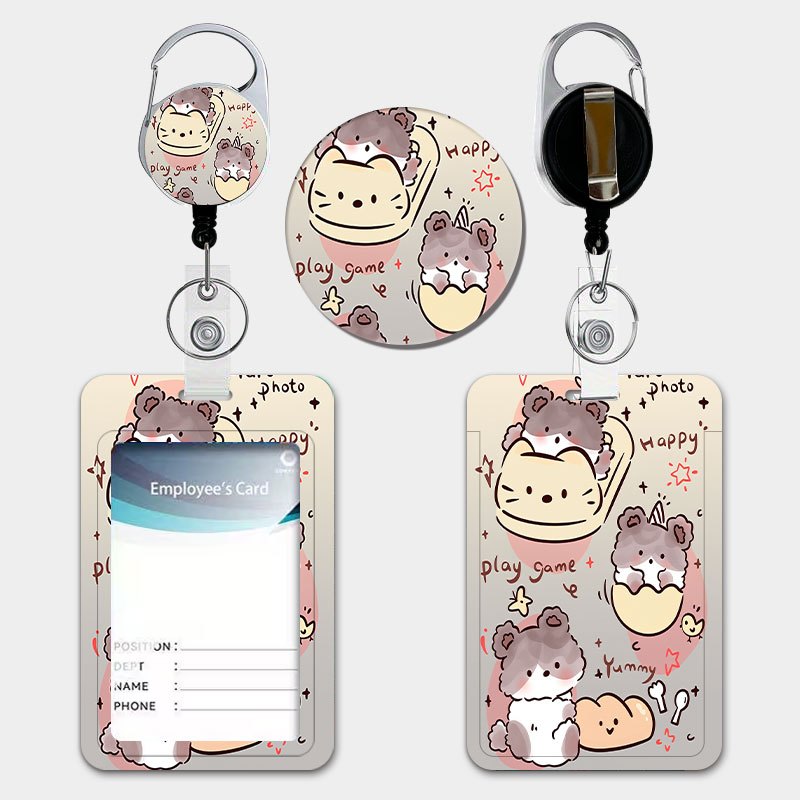 TEMU Cute Cat Pattern Gray Plush Cartoon-style Id Holder For Women, With Easy-pull Retractable Lanyard And Keychain, Durable Plastic Card Holder.