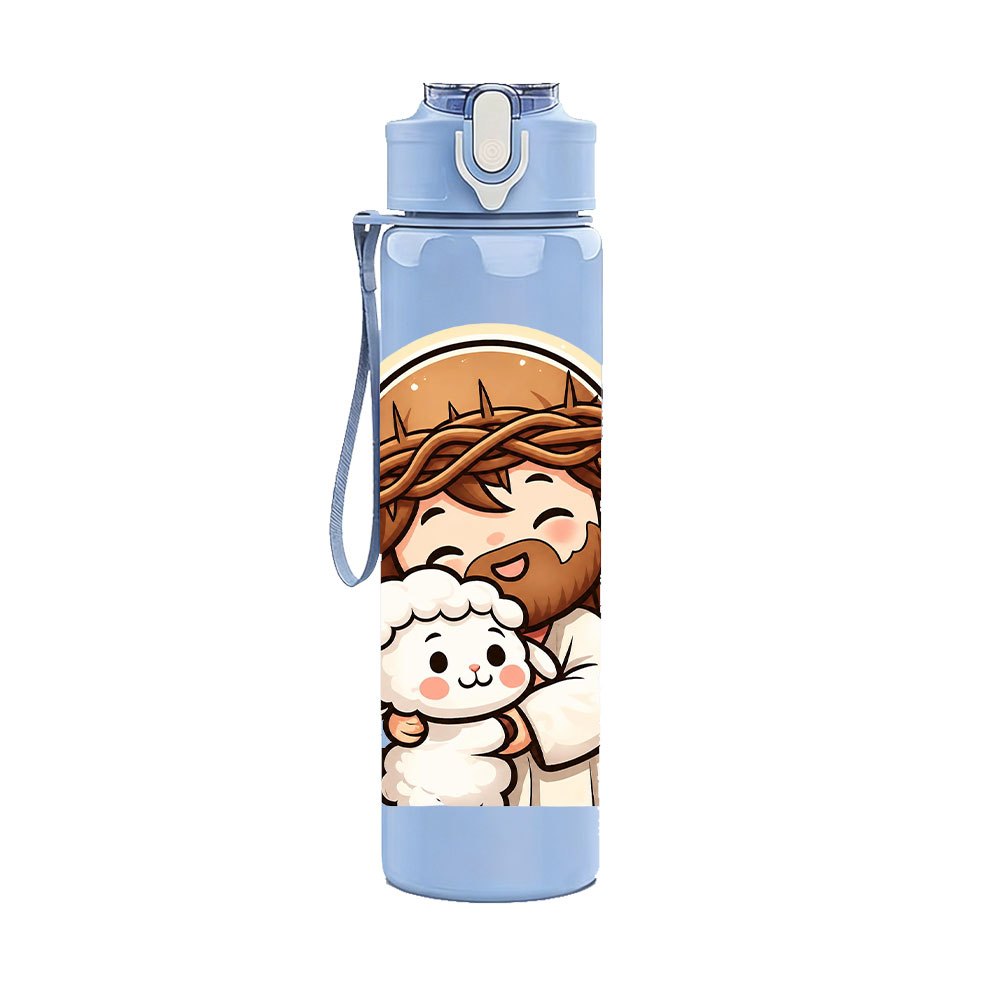 TEMU 1pc, Shepherd And Sheep Pattern, 750ml/26oz, Colored Plastic Sports Water Bottle, Travel Cup, Cute Print, Leak-proof With Pop-up Lid, Suitable