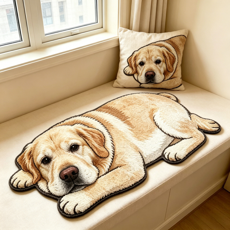 TEMU Cashmere 900g And 9mm [2d Flat] Simulation Style Lying Labrador Bedroom Bedside Plush Irregular Rug Warm Dog Living Room Sofa Area Thickened