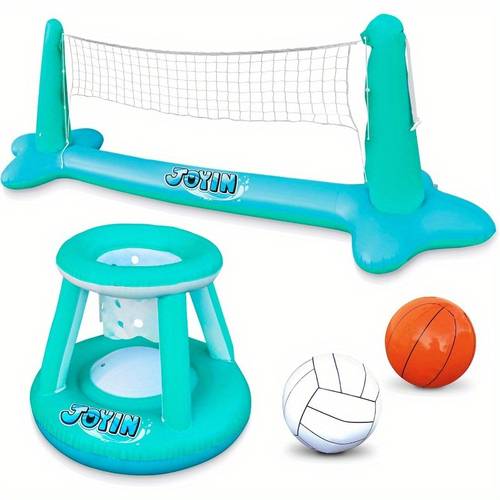 inflatable pool float set volleyball net basketball hoops floating swimming game toy for kids and adults summer floaties pool party games activities volleyball court 105x28x35 basketball 27x23x27 l blue