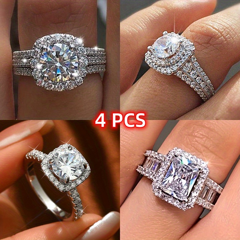 

4pcs Eternal Sparkle Zirconia Rings Set, Alloy Band With Synthetic Gemstones, Fashionable Engagement Ring Collection, Ideal Gift For Women On