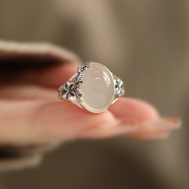TEMU Niche Design Of Antique Silver Plated Flower Leaf Oval Chalcedony Ring With Light Luxury Ethnic Style And Adjustable Women's Bracelet