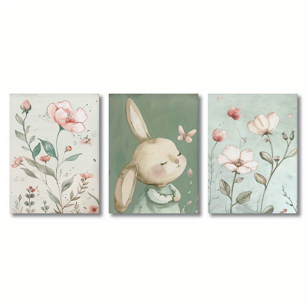 Image of 2d Flat, 2d Flat, Rabbit Flower Three-piece Set Art Printing Or Canvas, Rabbit And Posters, Powder Blusher Pink Wall Decoration Birthday Gift Room Decor