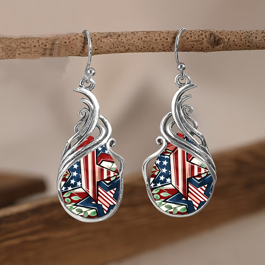 TEMU 2pcs Star Earrings | Patriotic American Flag Teardrop Pendant Leaf Earrings, Elegant Luxury Alloy Jewelry With Glass Mosaic, Ideal For Daily,