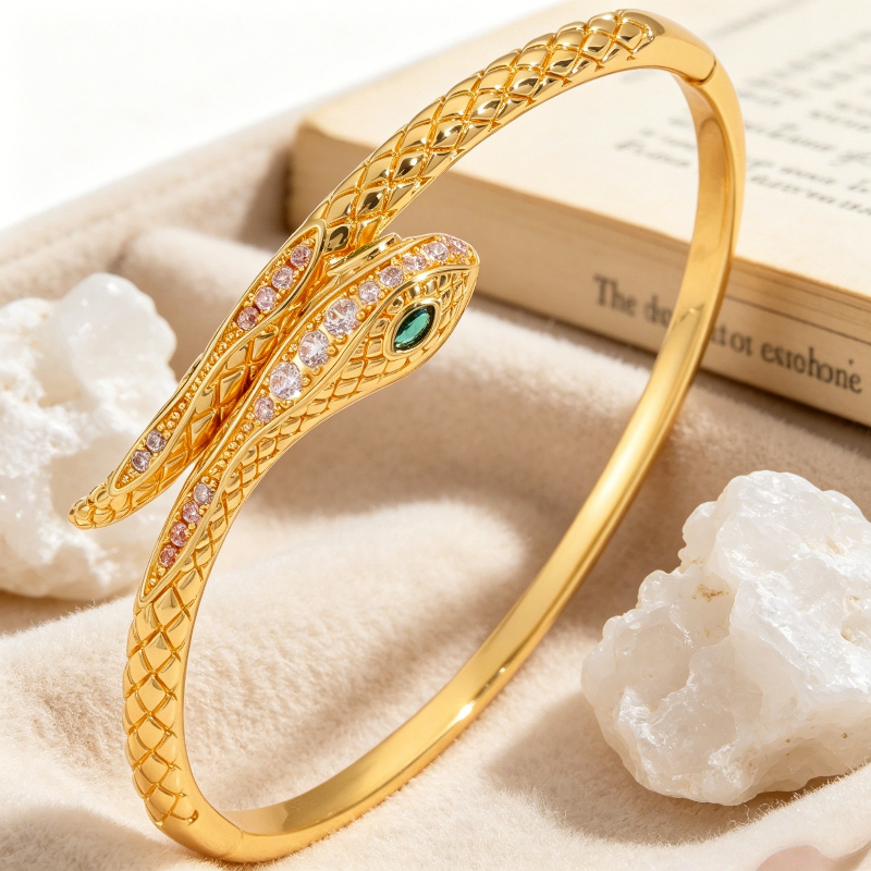 Women's Sparkling Copper Green Eyed Snake Bracelet