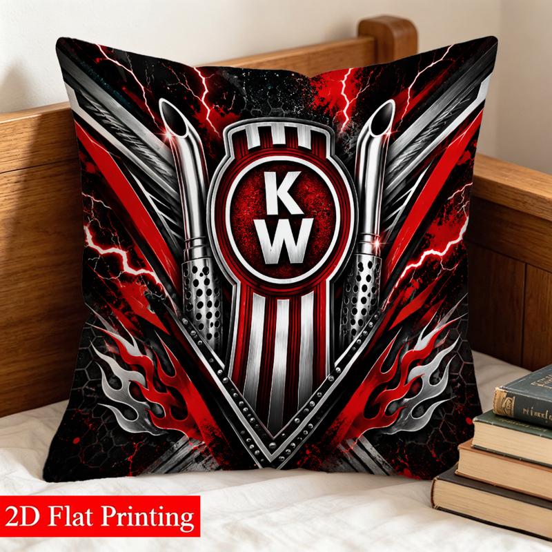 TEMU 1pc Pillowcase, Red/black/silvery Tones, "kw" Letters And Car-style Elements, 45cm*45cm, Soft And Polyester Short-pile Fabric, Single-sided