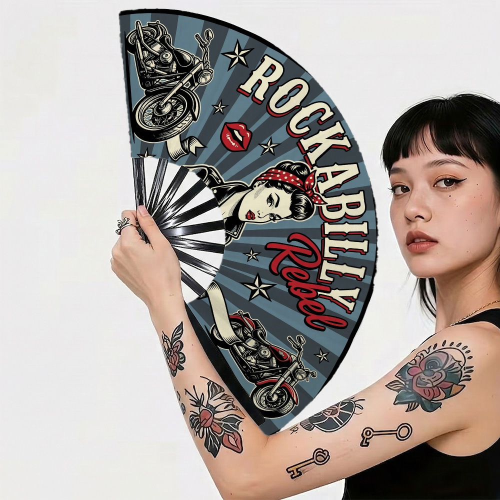 TEMU 1pc Vintage Americana Biker Printing Folding Hand Fan Rockabilly Printing Portable Handheld Cooling Fan For , Durable Plastic Fan For Music