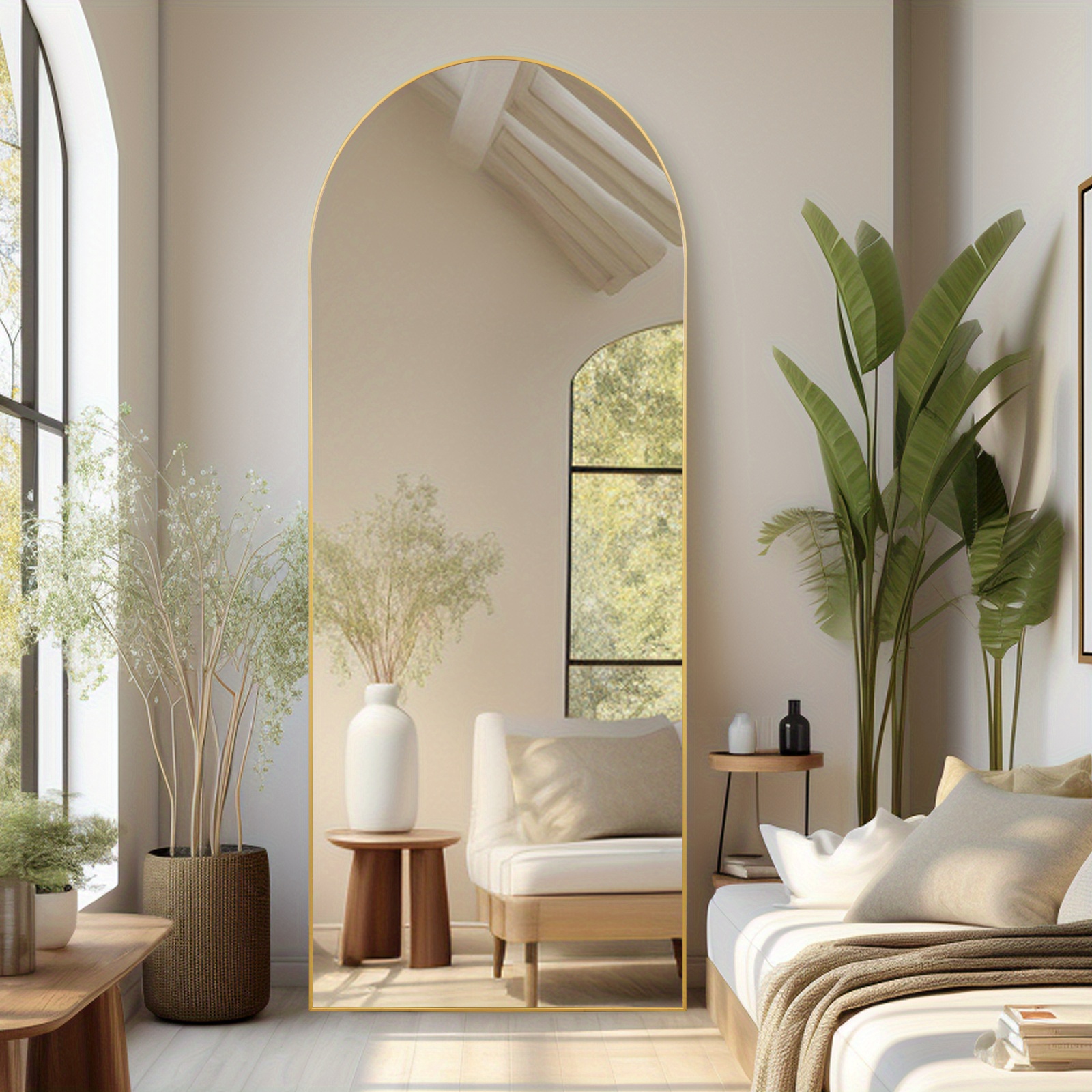 Elegant Arched Full-Length Mirror with Decorative Golden Frame