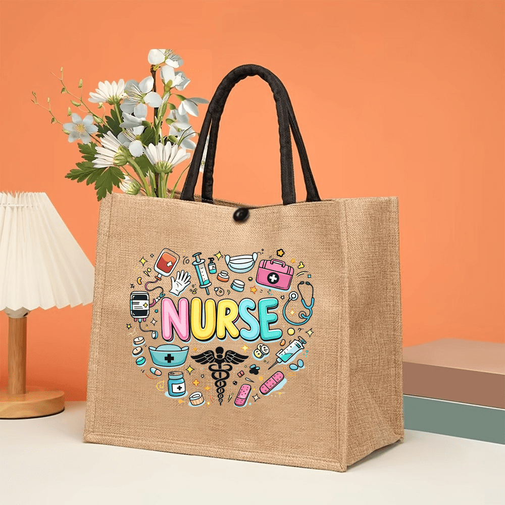TEMU Borsa tote in lino con stampa "NURSE" e elementi a cuore, borsa da donna in stile , borsa per infermiere per pendolarismo e shopping, borsa in