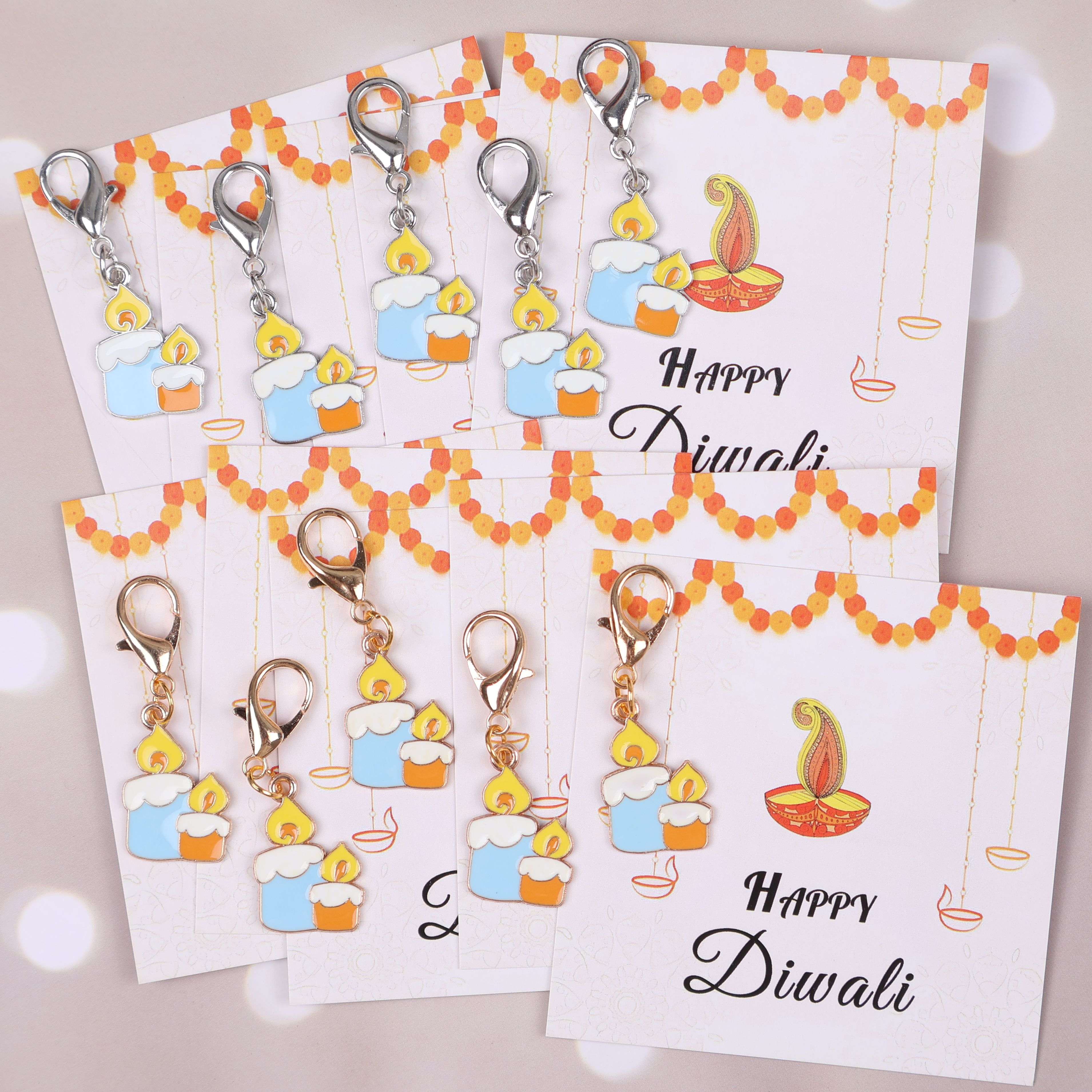 TEMU Gift For Her/him 1pc, 2pcs, 10pcs "happy Diwali" Themed Pocket Hug Greeting Card - With Mini Cartoon Candle Pendant Keychain, For Backpack Coin