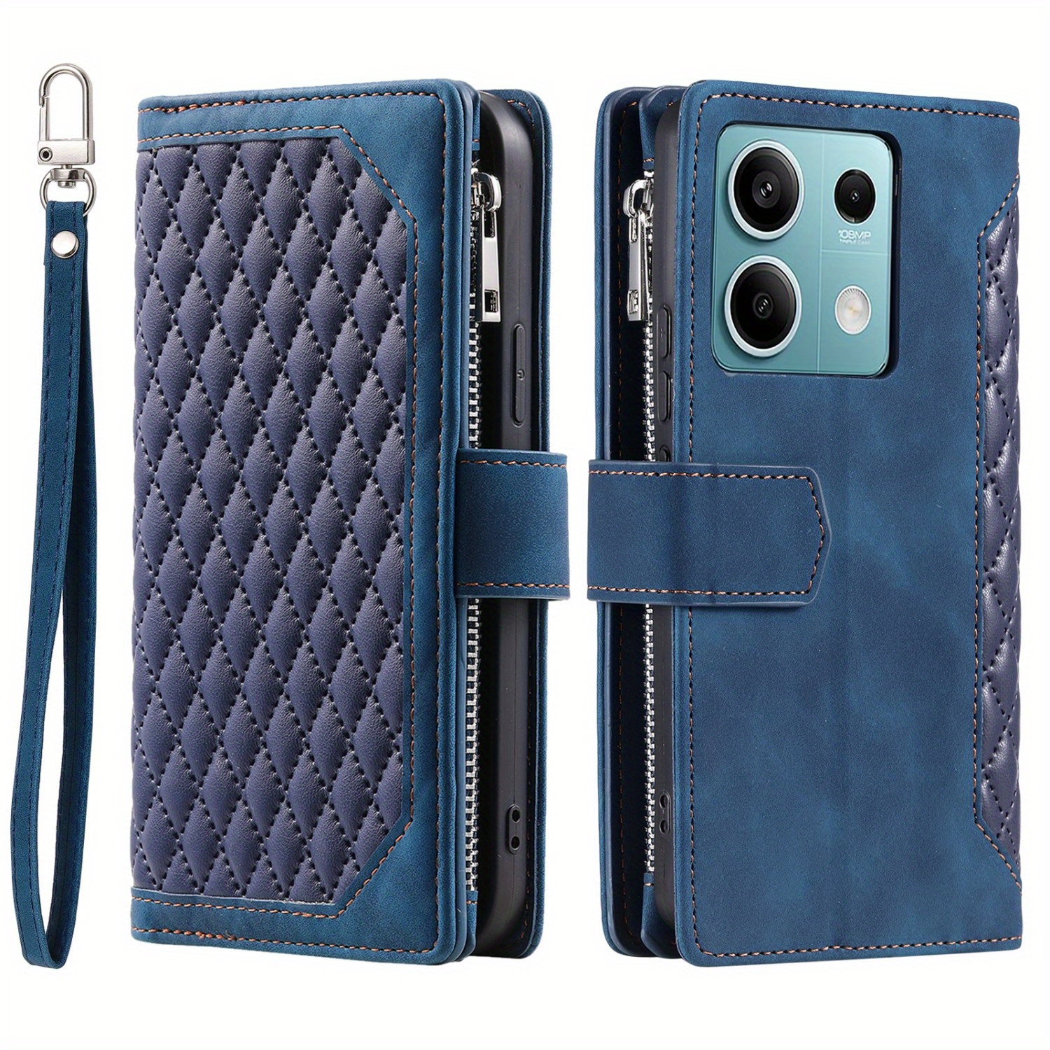 TEMU A Blue Checkered Zippered Phone Case Made Of High-quality Synthetic Faux Leather, Featuring A Stylish And With A Multifunctional Stand And