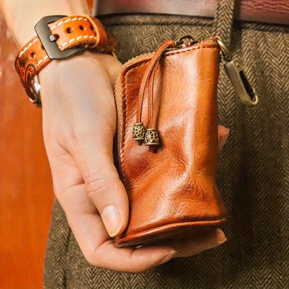 TEMU 1pc Handcrafted Thick Leather Bag - Bourbon Brown Portable Coin Purse With Keychain & Zipper Pouch, Celtic Handbag For, Gift For Husband/boyfriend (halloween/christmas) - Medieval Renaissance