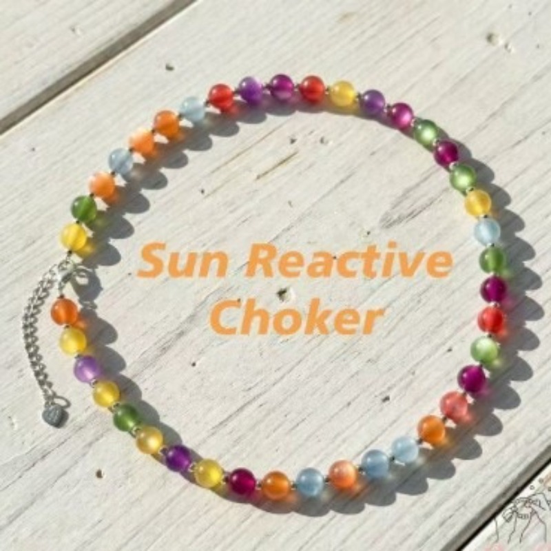 TEMU Dopamine Color Changing Necklace - Rainbow Beaded Choker With Stainless Steel Chain - Reactive Necklace For Women Summer Jewelry
