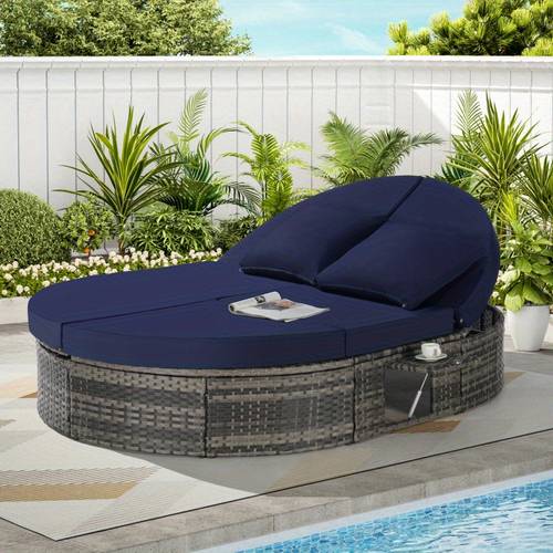outdoor patio round daybed with adjustable backrests and foldable cup trays reclining outdoor lounger wicker rattan patio daybed with cushions and pillows for backyard poolside