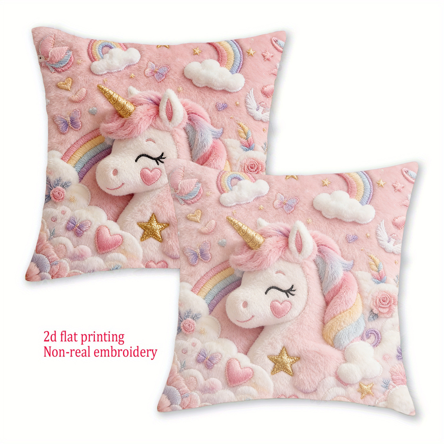 TEMU 2d Flat Printing, 2pcs Pink Unicorn Flat Printed Pillowcases, Single-sided Short Plush, Light Pink, Multicolor Macaron Colors, , Cloud And Heart