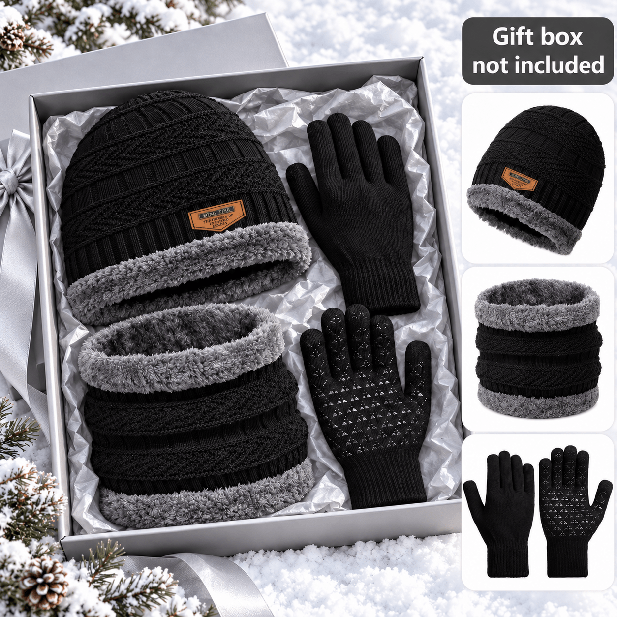 TEMU Winter Hat Scarf Glove Set, Unisex, Three-piece Set Of Hat Neck Thermal Touch Gloves, Lined With Fleece Non-slip Thermal Outdoor Thermal Gloves