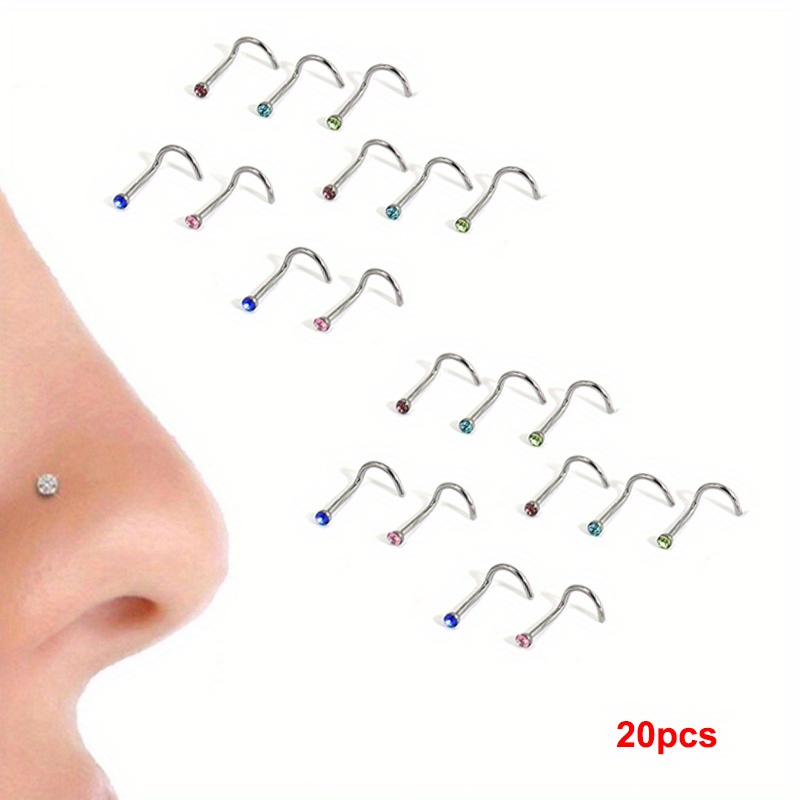 Set Of 20 Women's Nose Studs, Featuring Colored Cubic Zirconia And Stainless Steel, Designed As Body Additions And Jewelry For Women (colors May )