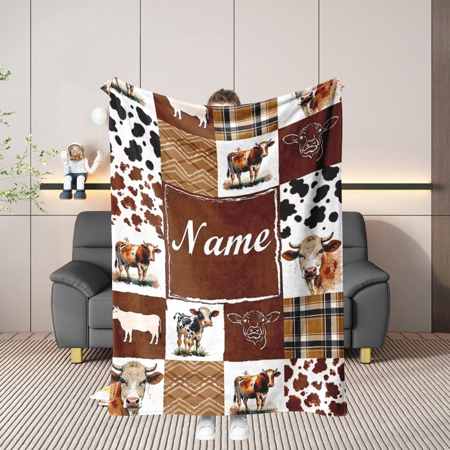 TEMU 1pc Personalized Custom Name/text Cow Pattern Blanket, Lightweight Flannel Blanket, Suitable For Sofa, Travel, Camping, Living Room, Office,