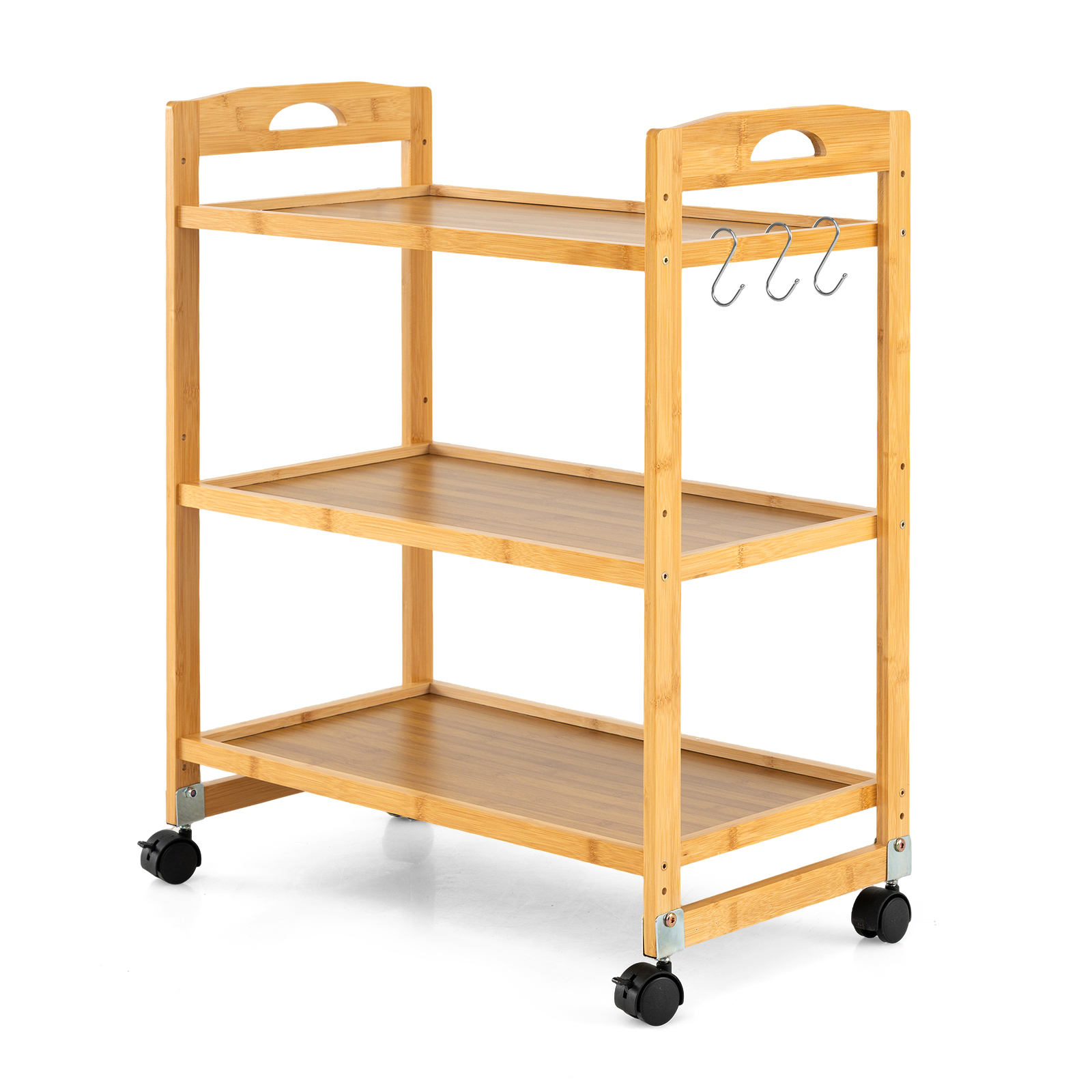 Image of 3-tier Storage Rolling Cart, Bamboo Utility Cart W/4 Universal Wheels & 2 Lockable Wheels, Mobile Shelving Organizer W/3 Hanging Hooks For Kitchen, Living Room, Bathroom & Study