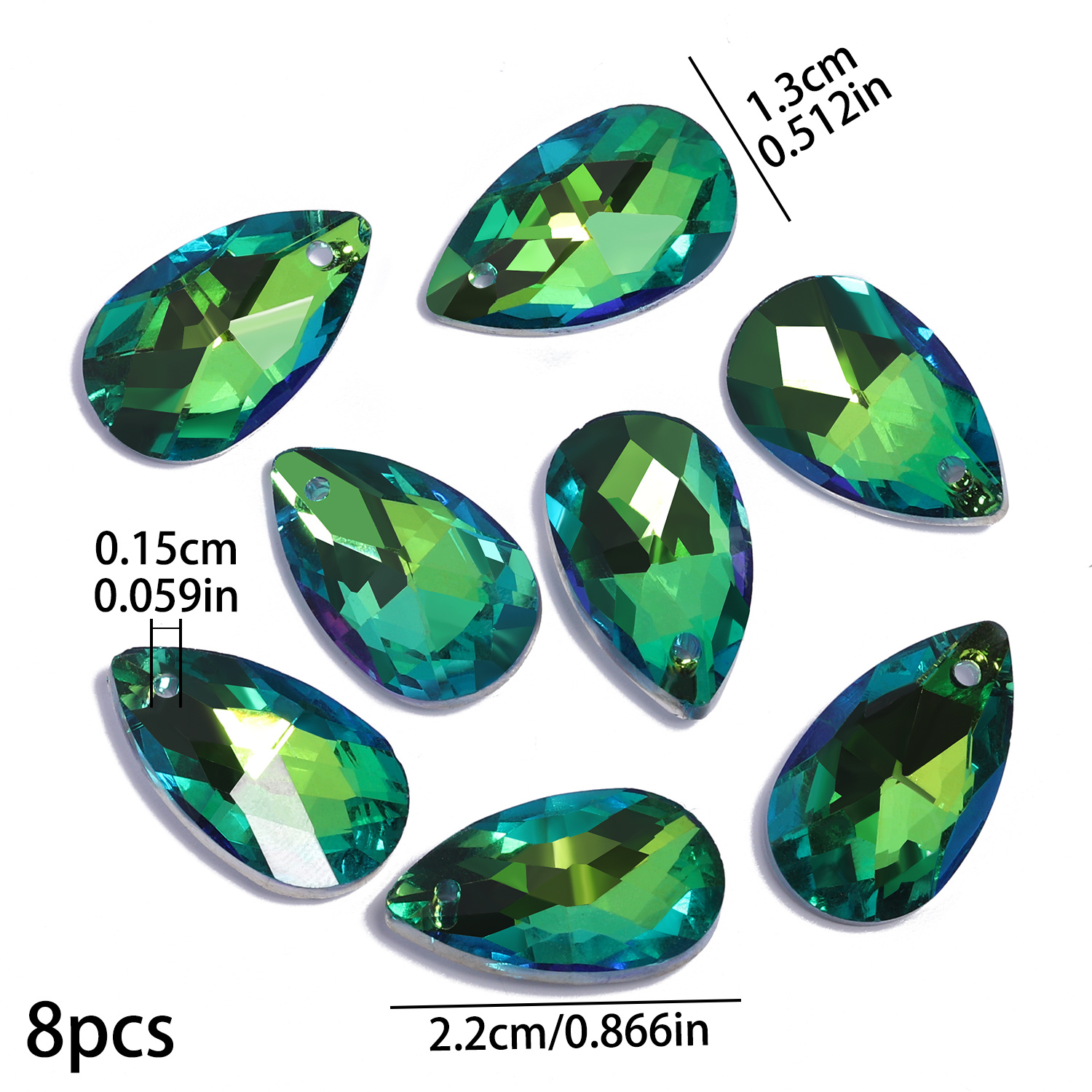 TEMU Set Of 8 Exquisite Water Drop-shaped Glass Beads, Measuring 13x22mm, Featuring A Shiny Silvery Green End. Ideal For Elegant Handmade Jewelry,