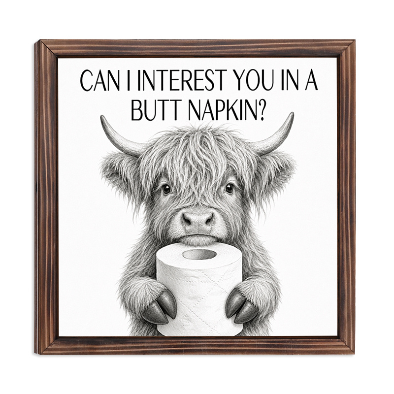 TEMU 1pc Wooden Framed Fun Highland Cow Bathroom Wall Art Sign, With The Quote "can I Ask You To Use A ' Napkin'?" Printed On It, A Humorous Farm