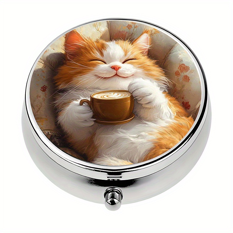 TEMU 1pc Pill Box With 3 Compartments Cute Cat Coffee Theme Mini Pill Container, Pill Organizer, Portable Pill Box For Pocket Or Purse