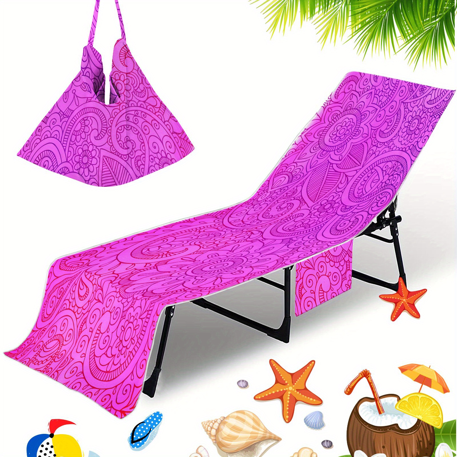 TEMU 1pc Beach Towel Set With Side Pockets Featuring A Pink Background, Microfiber Lounge Chair Cover, Suitable For Sunbathing And Poolside Lounging,