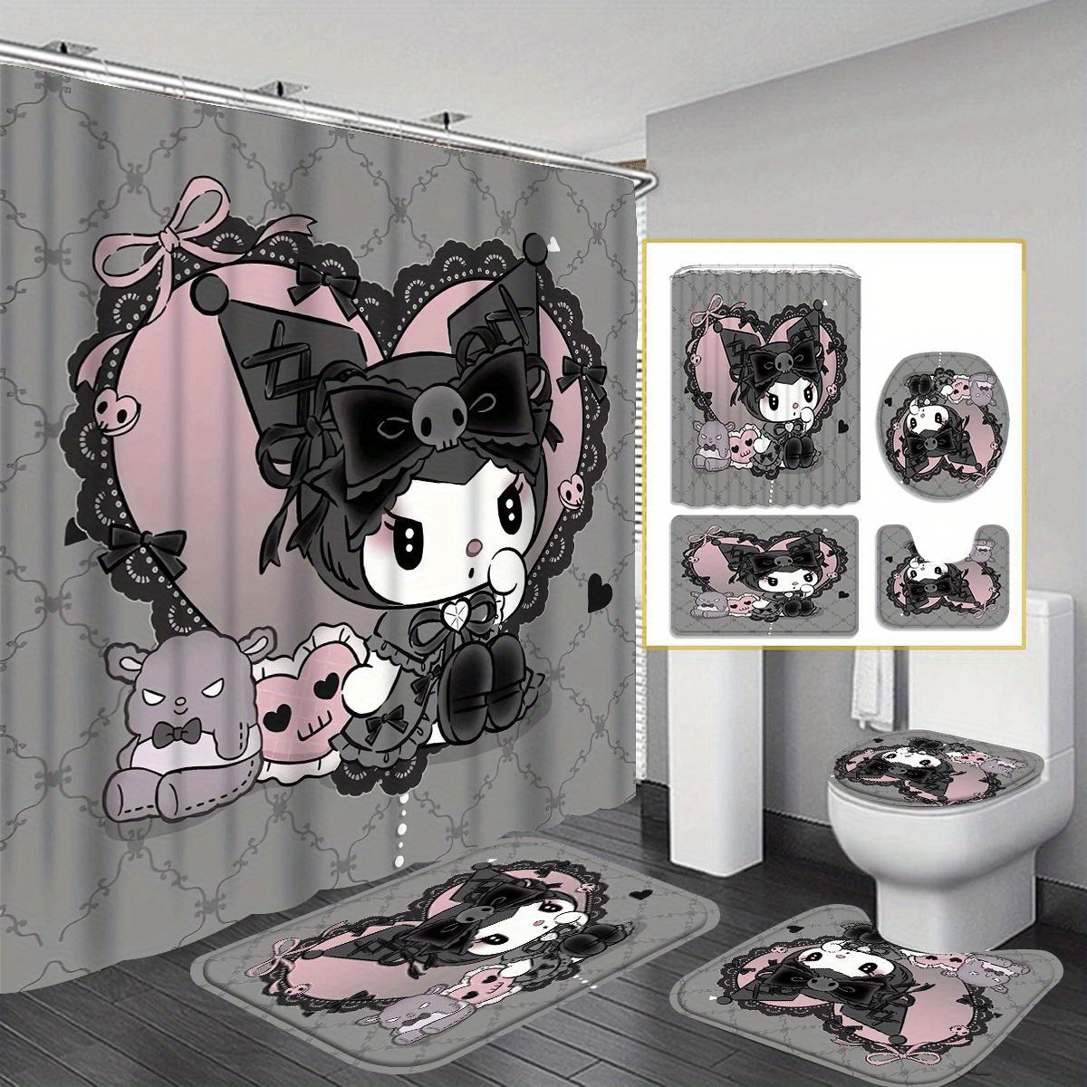 

Kuromi 1/4pcs Shower Curtain Set, Bathroom Decor, - Shower Curtain Set 12 , Bath Mat, U-shaped Mat, , For Christmas Presents.