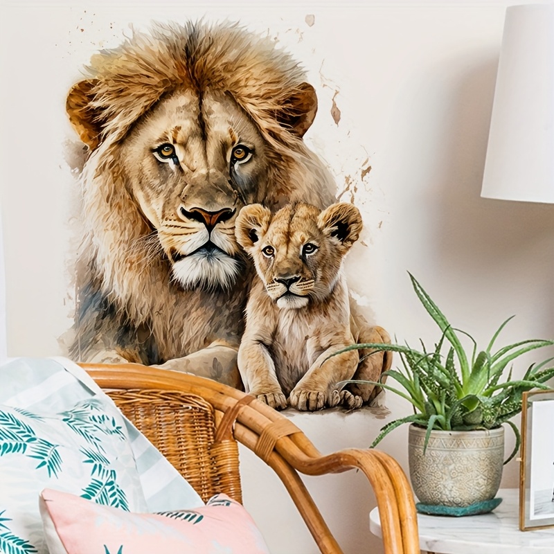 Lion Wall Sticker, Animal-themed Bedroom Living Room Decor Sticker, Artistic Watercolor Style Self-adhesive Mural