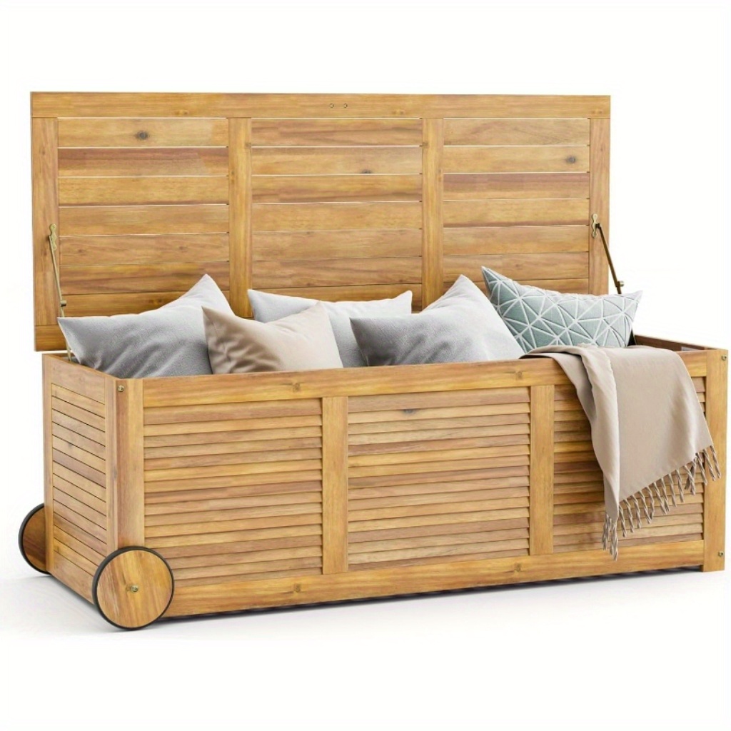 Image of Outdoor Storage Box W/ Wheels, Acacia Wooden Patio Storage Deck Box With , 1 Handle, Water- Inner Bag, Wooden Garden Organizer For Patio, Lawn, Backyard, Box,cabinet,rack For Outdoor Storage