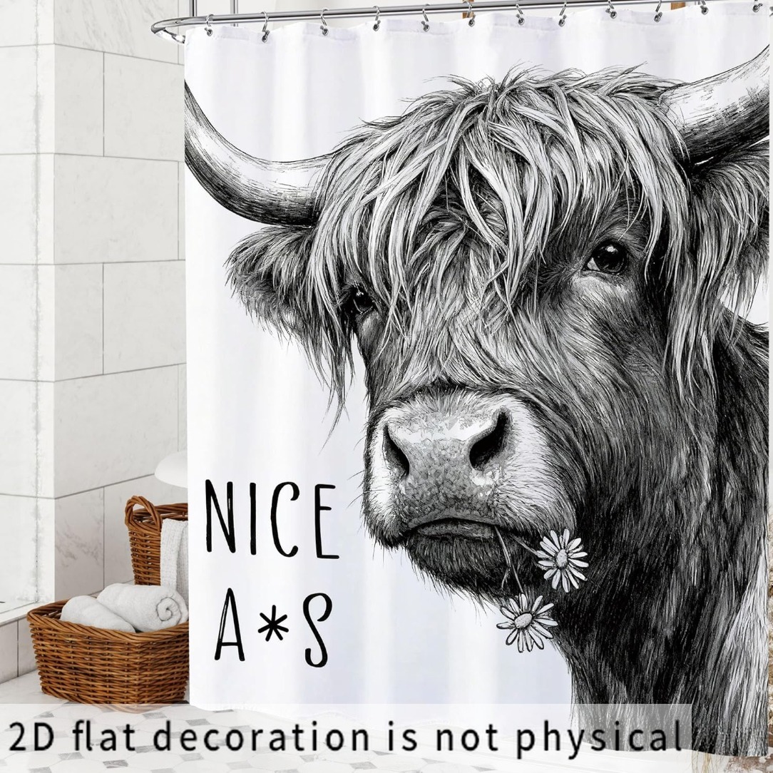 TEMU 2d Flat, 2d Curtain/bath Curtain Farmhouse Style Shower Curtain With Highland Cow Pattern, Vintage Art Design, Fun Prints, With 12 Hooks,