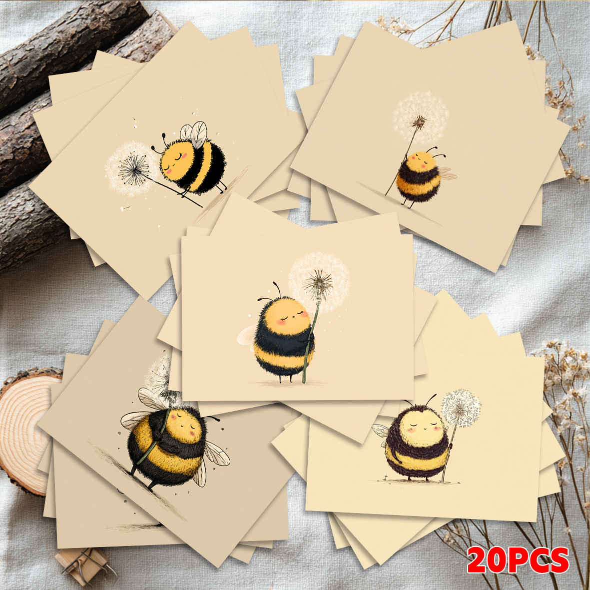 Image of 20 Exquisite Postcards, Birthday Postcards, Birthday Cards, Gift Cards, Bees, Dandelions, Cartoons, Cute, Minimalist Blank Written On, Suitable For Gatherings, Parties