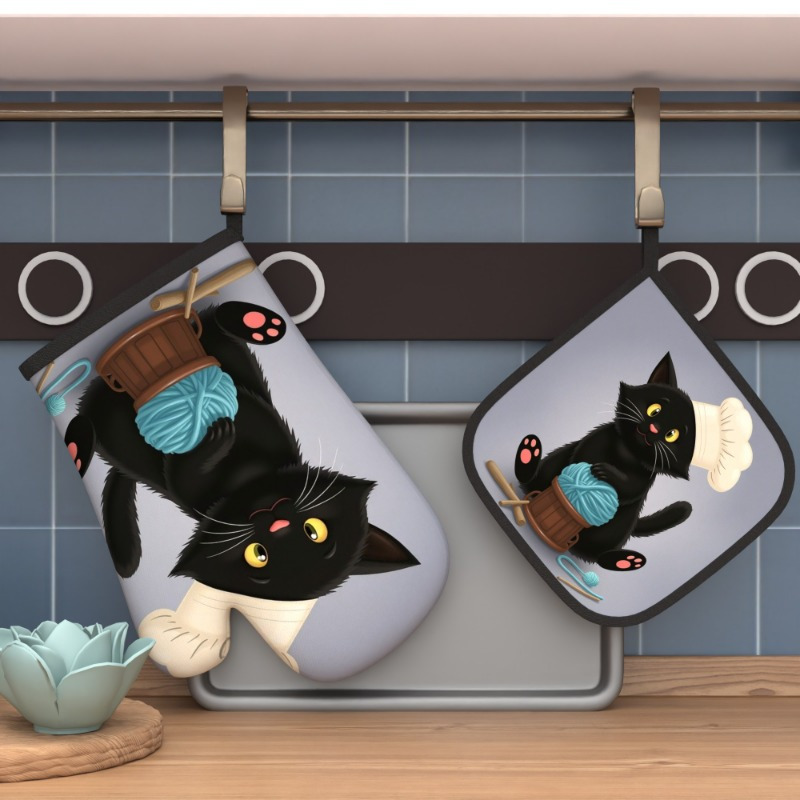 

2pcs Set Cute Black Cat Chef Oven Mitts & Pot Holders - Heat Resistant, Machine Washable Kitchen Gloves For Cooking, Baking, Grilling & Microwave Use