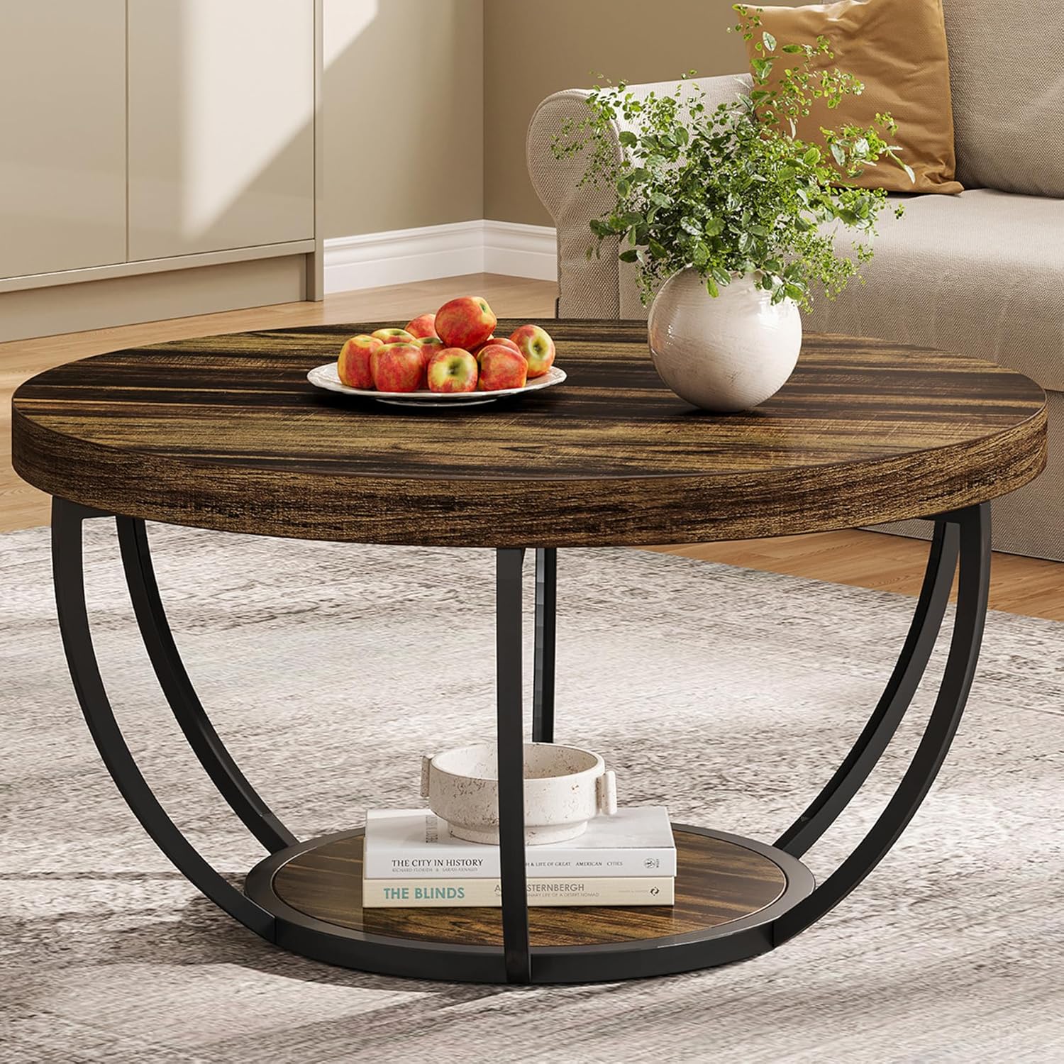 Image of Coffee Table Industrial Round Coffee Table With Shelves 2 Tier Modern Wood Accent For Living Room Home Office Inch Rustic Brown