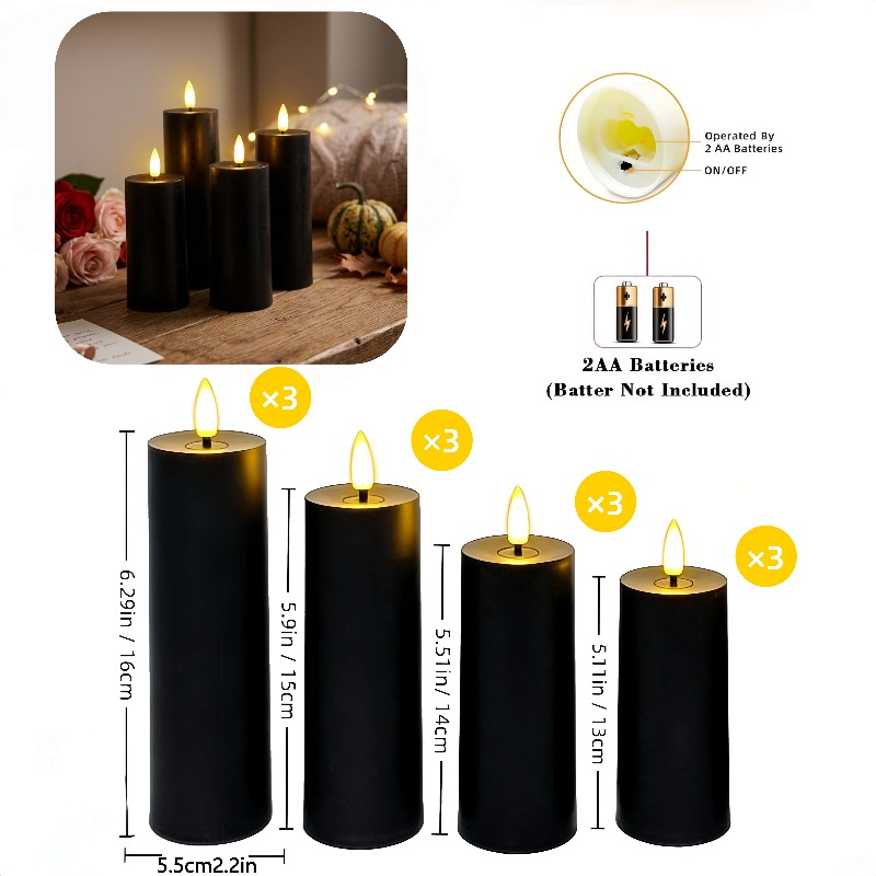12pcs Set of Black LED Candles for Romantic Dinner