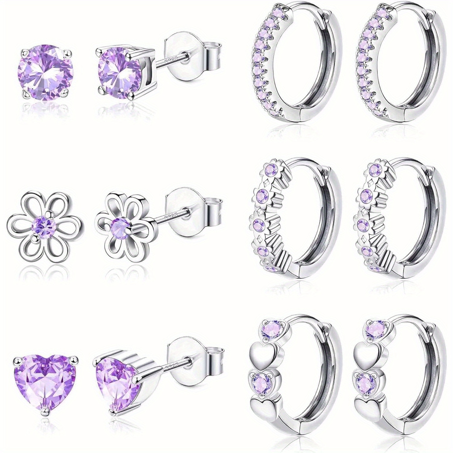 Image of 6 Pairs Small Earrings Set For Women 925 Hypoallergenic Sleeper Cartilage Stud Earrings Hoop Earrings Pink Purple Blue Earrings Set For Women