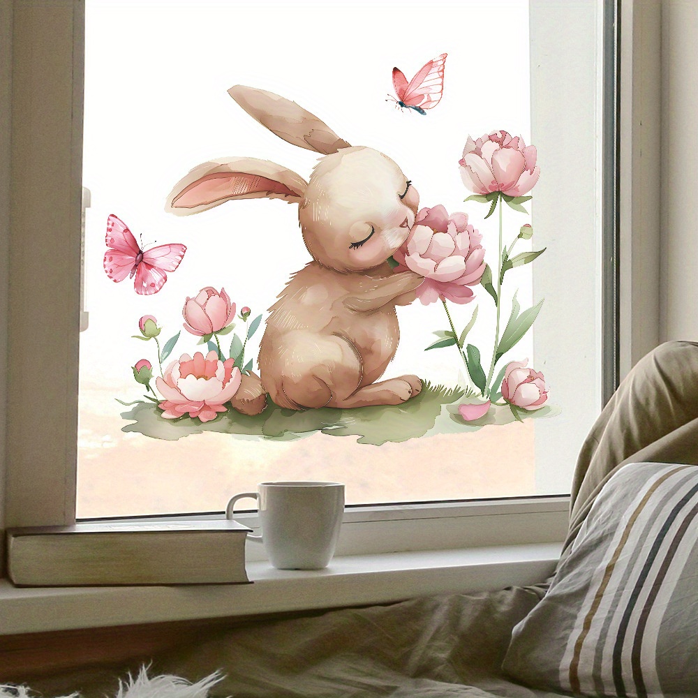 

1pc, Watercolor Small Rabbit Flower Pattern Uv Window Sticker, Home Decor For Glass Windows, Glass Doors, And Glass Display Windows, Uv Material With Static Adsorption, Removable, Size 30*38cm.