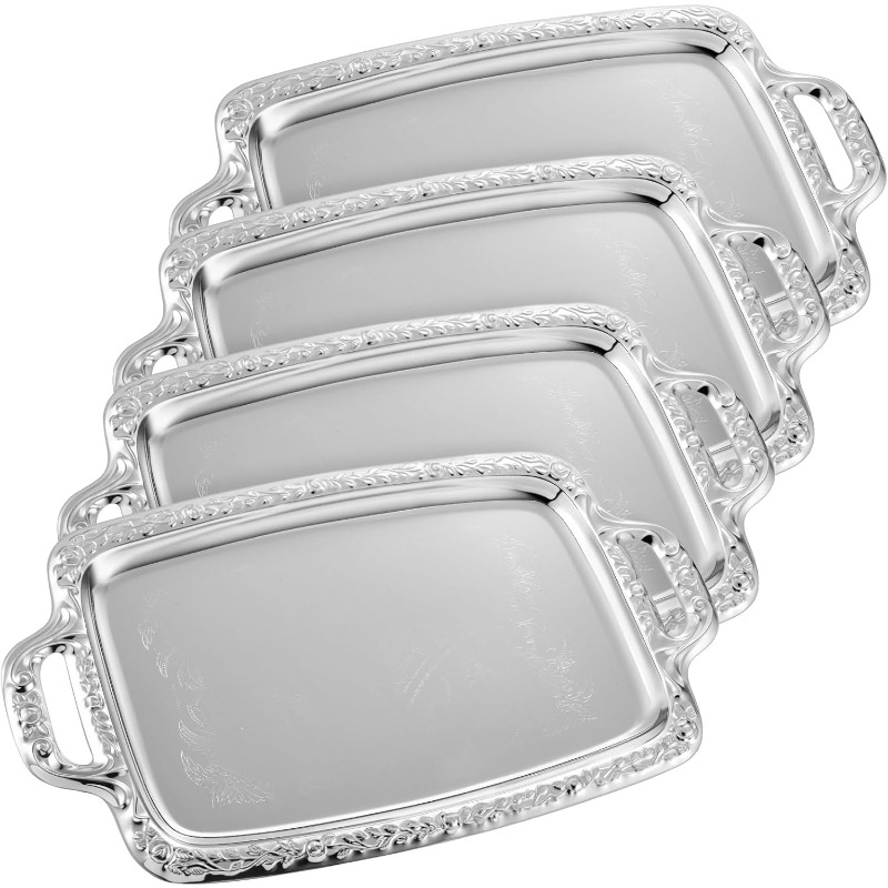 4 plateaux de service argentés avec poignée, élégants, à motif floral, en métal, pour buffet, mariage, fête (oblong), contact non alimentaire