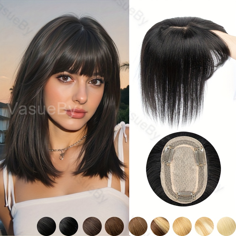   echthaar-topper für damen,   für dünner werdendes haar & haarausfall, natürliches aussehen haarteil mit geradem pony & großer basisabdeckung, sicherer sitz für die wiederherstellung der haaransatzlinie, volumenverstärker für glatze, haarteil als lösung für dünner werdendes haar