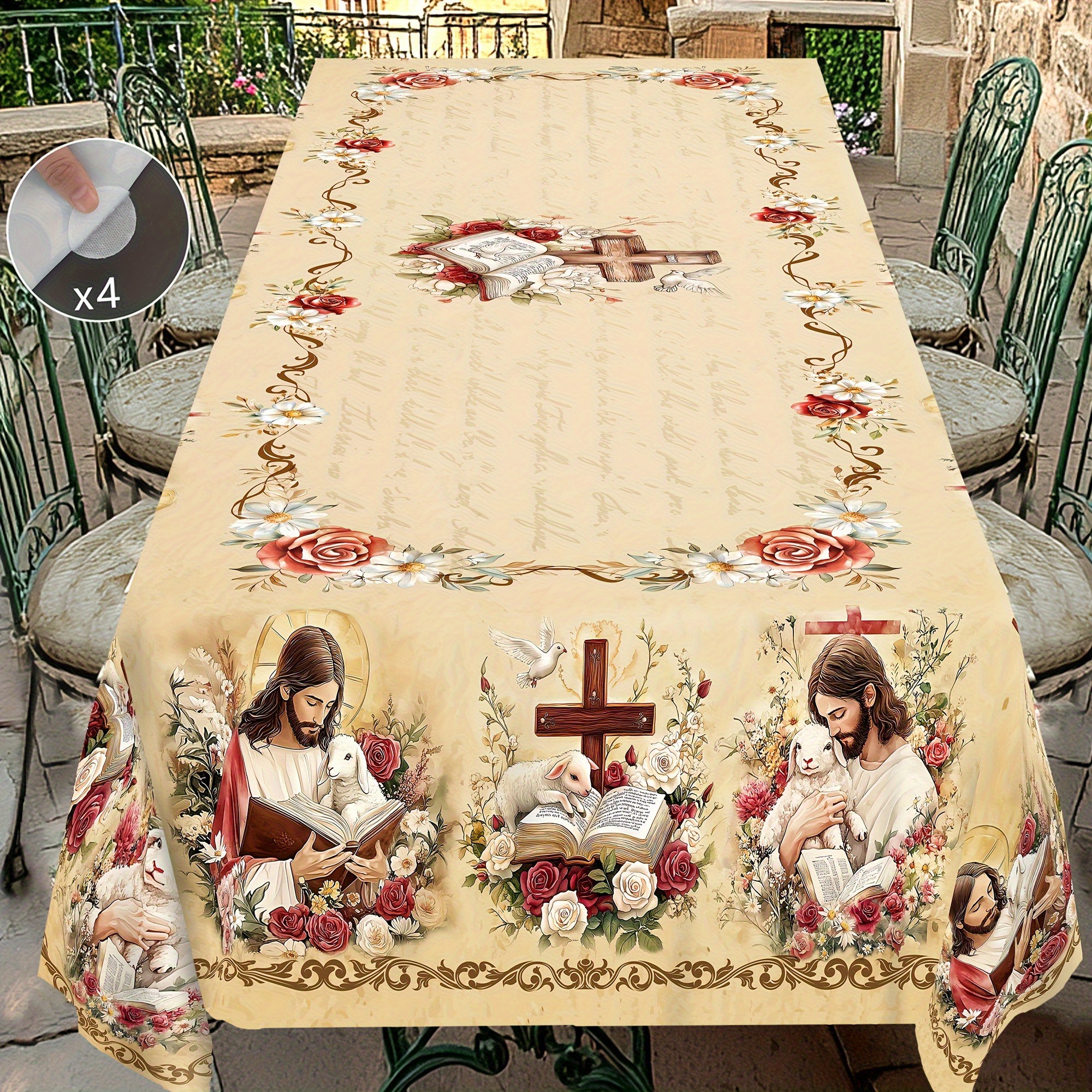 item picture 1pc spring easter lamb and   tablecloth   style round and rectangular tablecloth 4pcs self   stickers suitable for spring and summer easter period for home kitchen dining room patio indoor and outdoor use