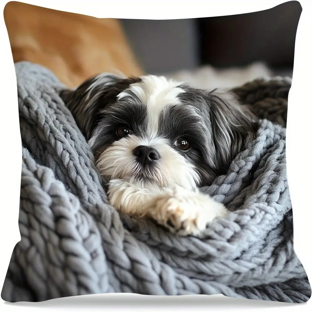 TEMU Une taie d'oreiller avec un chiot Shih Tzu, lavable en machine, impression double face, fermeture éclair, idéale pour une décoration confortable
