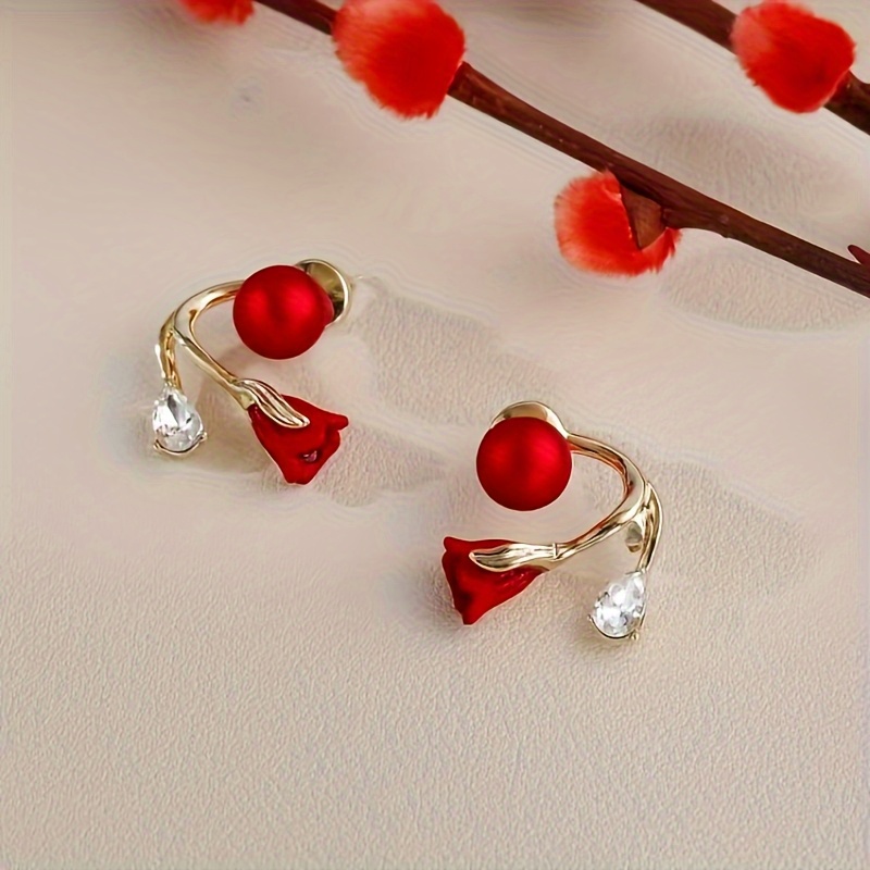 TEMU Women's Elegant Red Floral Stud Earrings - Golden-tone With Sparkling Accents, Wedding Party Jewelry, Anniversary Birthday Gift - Formal Events