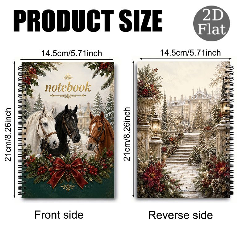 TEMU 1 Christmas Vintage Horse Snowy Coil Notebook, Featuring An Exquisite Golden-foiled Red Bow, , And A With A Wintery Atmosphere. Suitable For