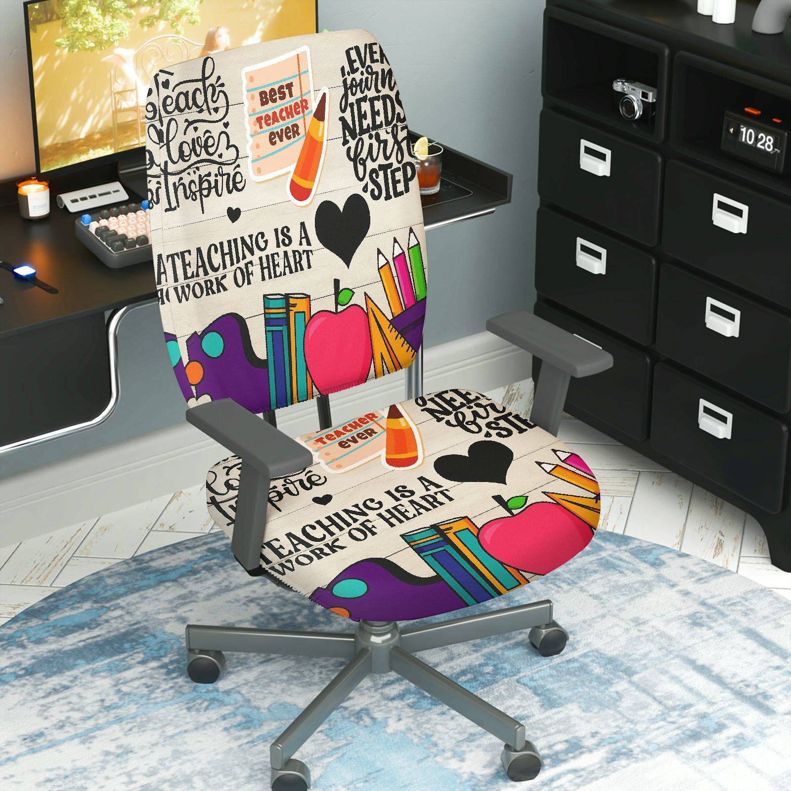 TEMU 2pcs Teacher Appreciation School Classroom Education Books Elastic Chair Cover(without Chair), Back To School Teacher's Day Rotating Table And