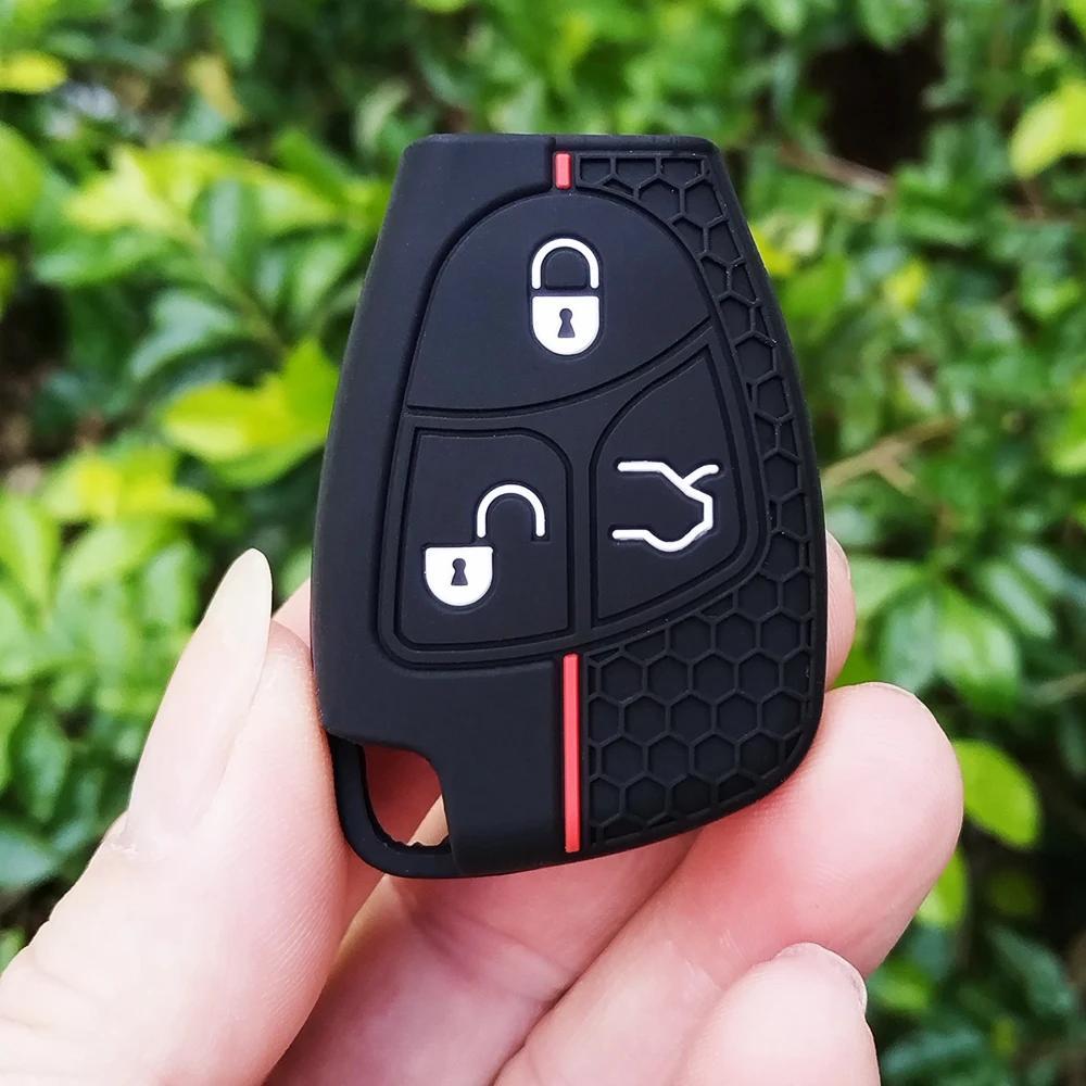 Image of Silicone Car Key Cover With Keychain For , 3-button Fob Case Compatible With C/b/e/r Classes, W203 W204 W202 W210 W208 Cls Clk Remote Additions