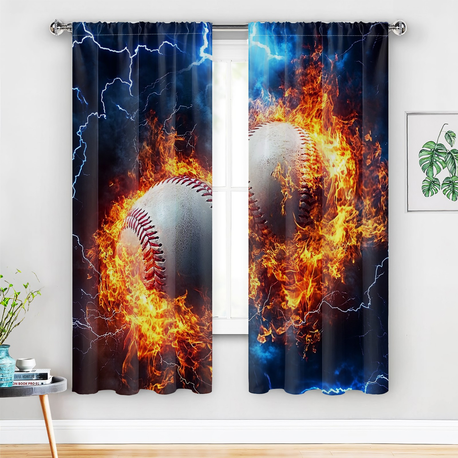 

2pcs Classic Polyester Baseball Sports Curtains, Flame And Lightning Print, Rod Pocket Window Drapes For Bedroom, Room Decor