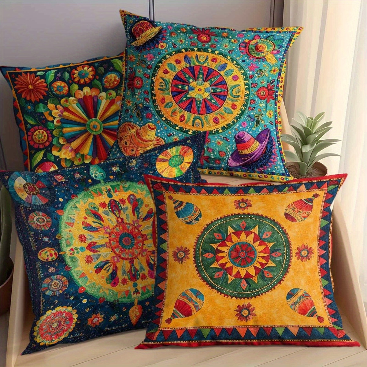 TEMU A Set Of 4 Vibrant Mexican Sunflower And Ethnic Style Themed Pillow Covers With Zippers, Suitable For Home And Outdoor Decor, Measuring